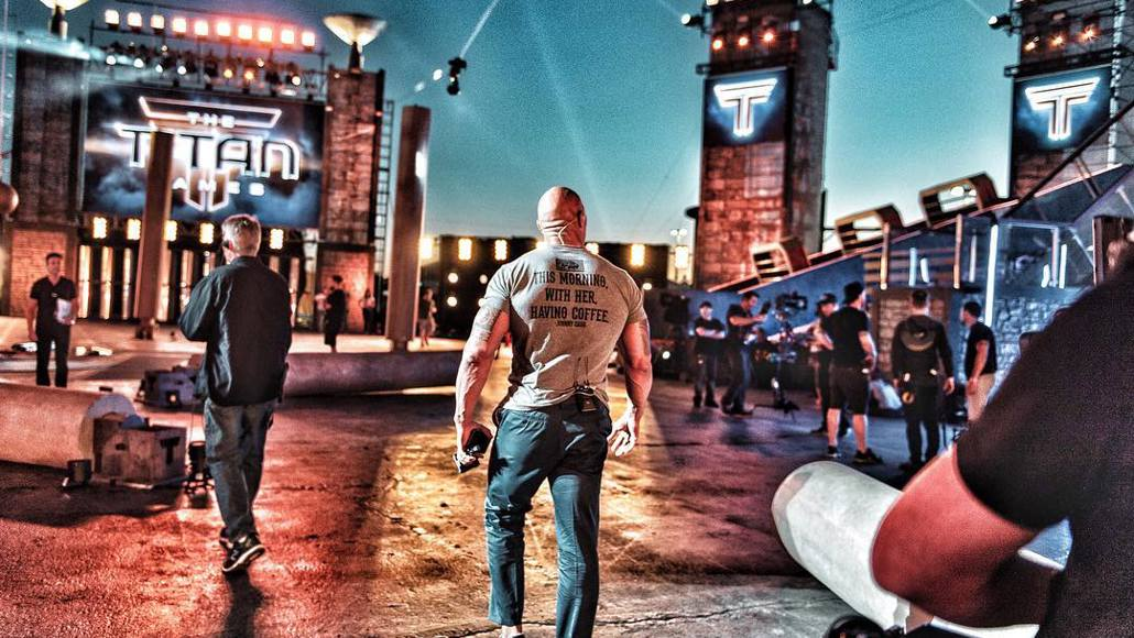 Dwayne 'The Rock' Johnson walking onto the set of TITAN GAMES.