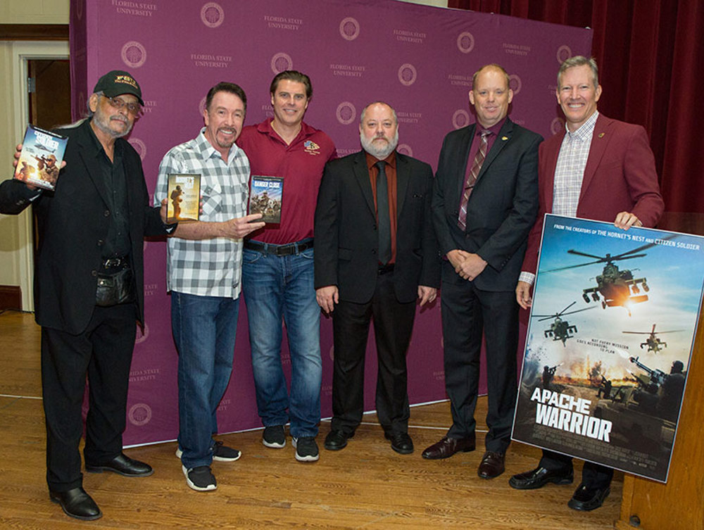 FSU Torchlight Executive Director Paul Cohen, "Apache Warrior" co-directors David Salzberg and Christian Tureaud, College of Motion Picture Arts Dean Reb Braddock, director of the Veterans Student Union Chris Schoborg and Billy Francis, director of the Student Veterans Center at the press availability of FSU Veterans Film Festival, Oct. 5, 2017. (FSU Photography Services)