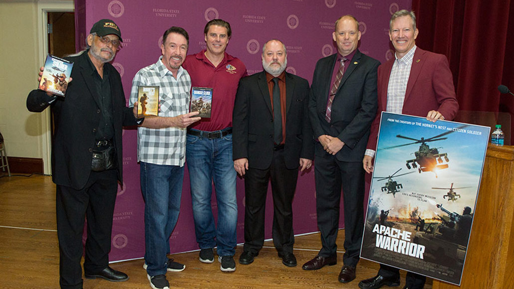 FSU Torchlight Executive Director Paul Cohen, "Apache Warrior" co-directors David Salzberg and Christian Tureaud, College of Motion Picture Arts Dean Reb Braddock, director of the Veterans Student Union Chris Schoborg and Billy Francis, director of the Student Veterans Center at the press availability of FSU Veterans Film Festival, Oct. 5, 2017. (FSU Photography Services)